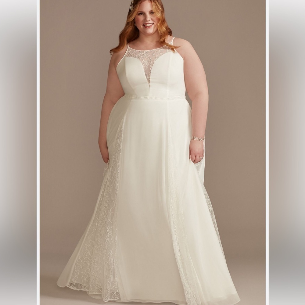 DB Studio White high neck Lace godet panels Overlay Dress